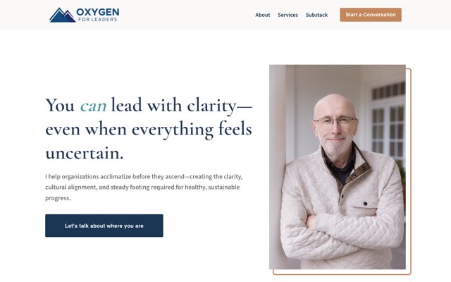 Screenshot of the Oxygen for Leaders homepage